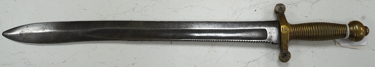 An 1847 Russian pioneer short sword, based on the French 1831 Gladius, with saw back edge, blade 48cm. Condition - good